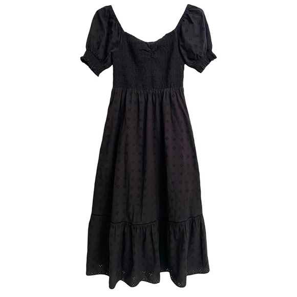 Lost + Wander's La Luna Smocked Bodice Black Cotton Eyelet Maxi Dress Medium - Picture 4 of 7